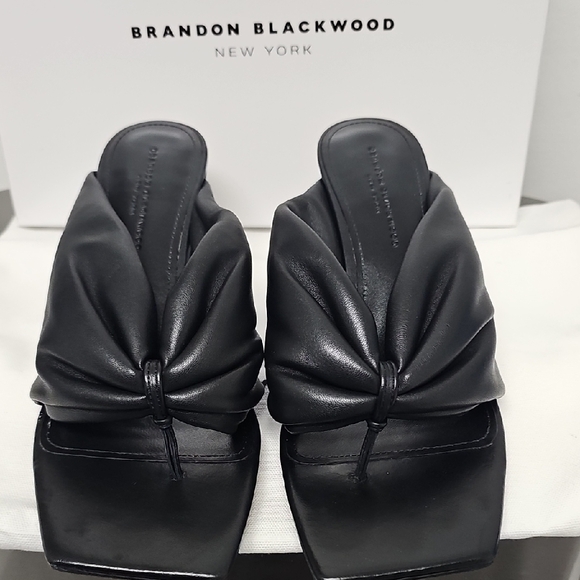 Brandon Blackwood Black Leather Knotted Mule Sandals with Gold B-Heel - Picture 9 of 15